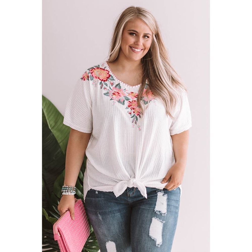 Entro Waffle Knit  Floral Embroidered Short Sleeve
